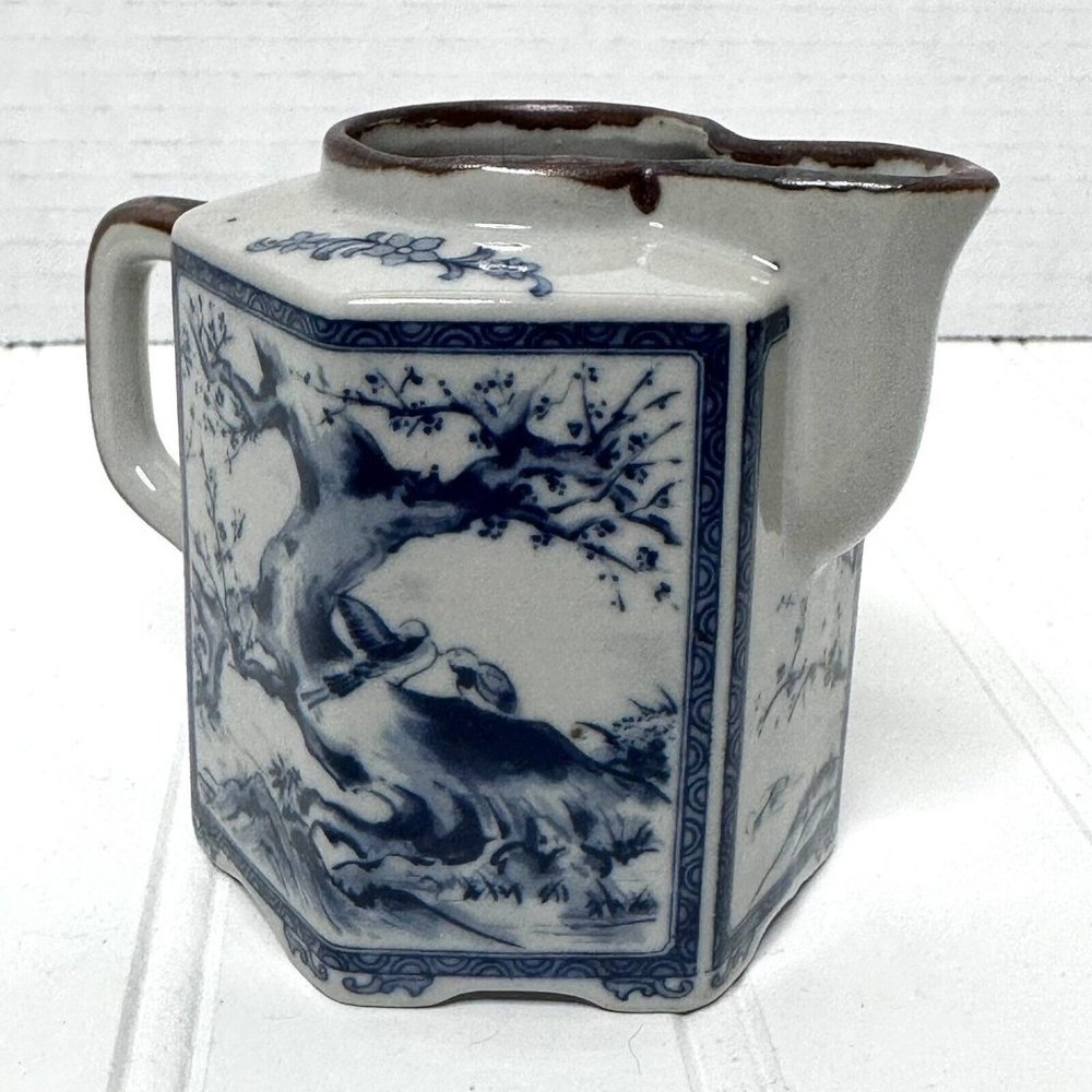 Creamer Cherry Blossom Tree Bird Flowers Grey and Blue Porcelain Vintage
